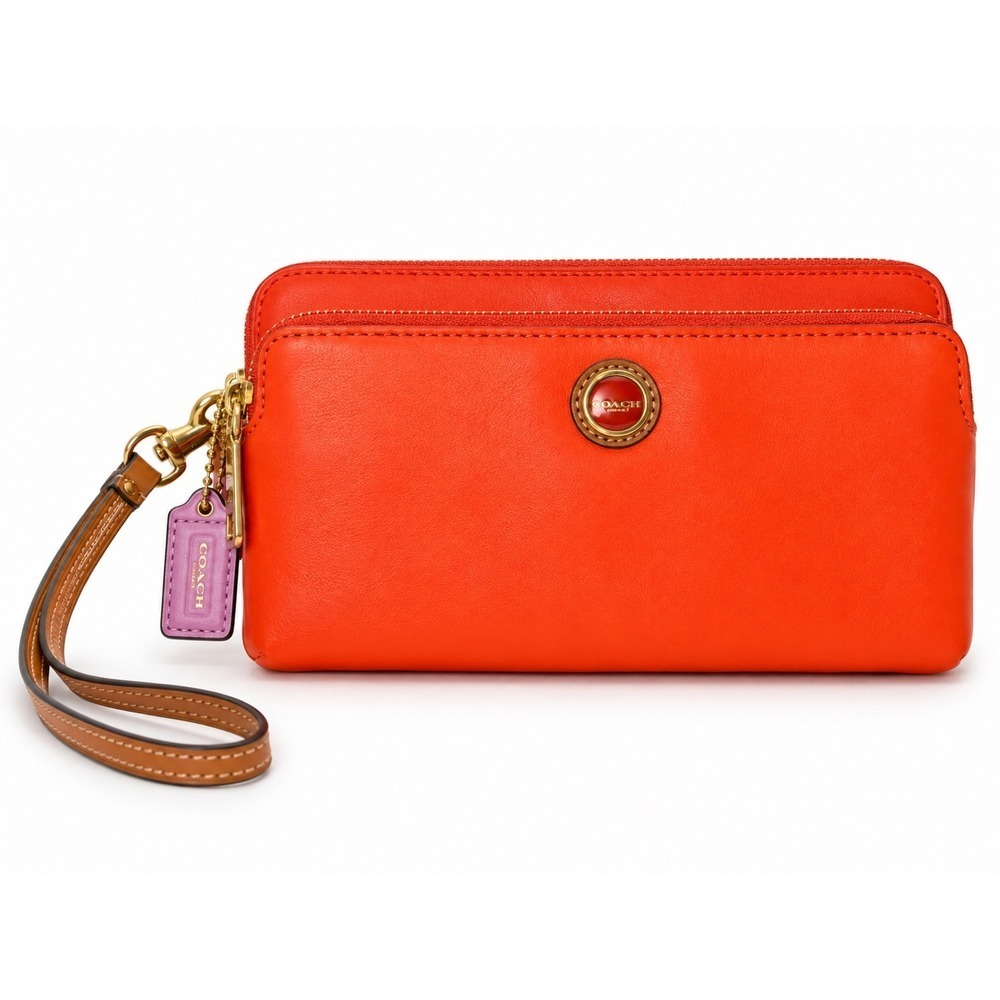 Coach Orange Leather Double Zip Wristlet Wallet Clutch